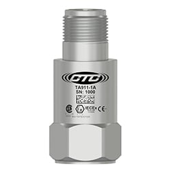 A TA911 stainless steel, top exit dual output accelerometer engraved with the CTC Line logo, part number, serial number, and hazardous rating logos.